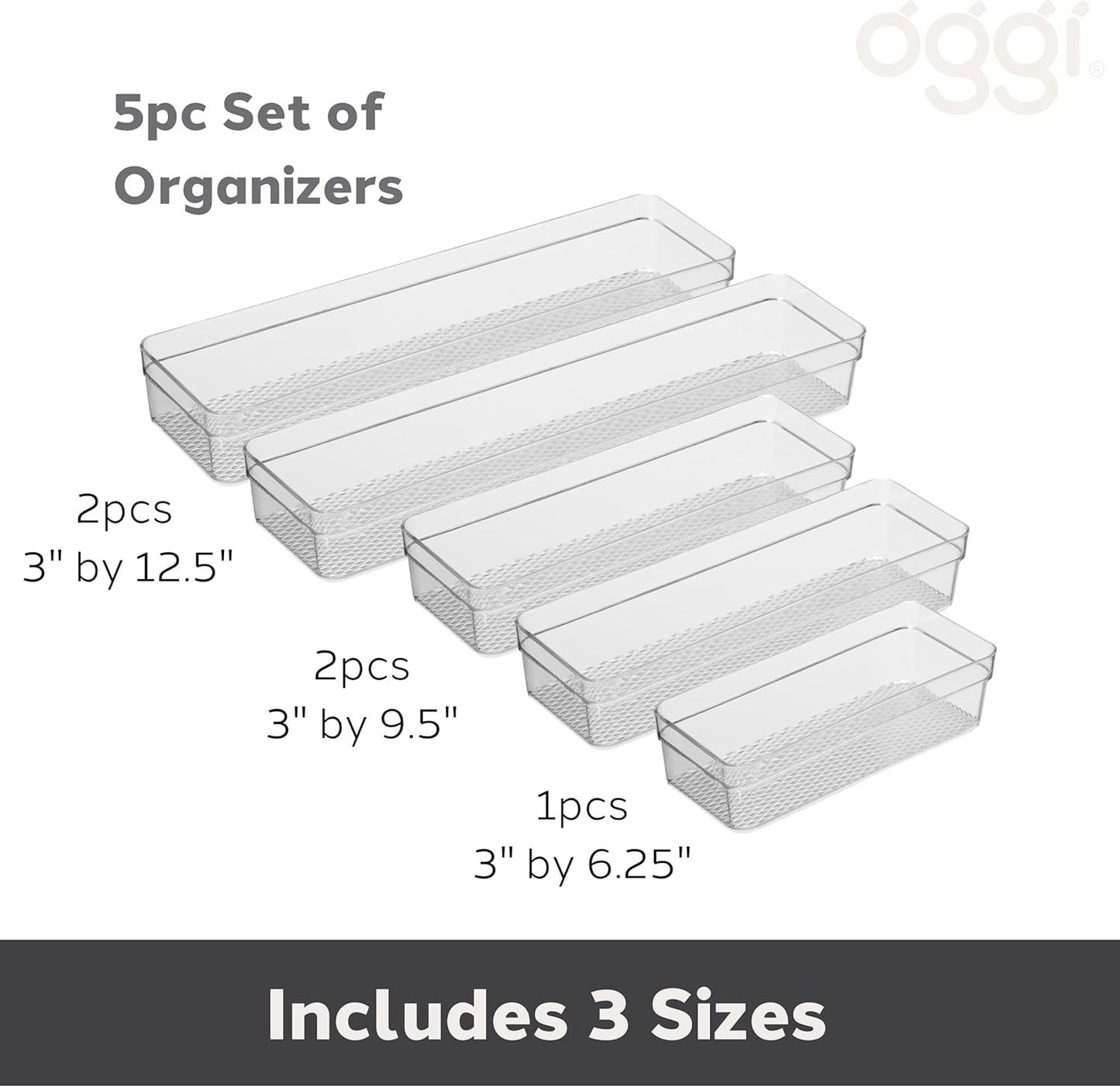 Set of 5 Clear Plastic Drawer Organizers – Assorted Sizes