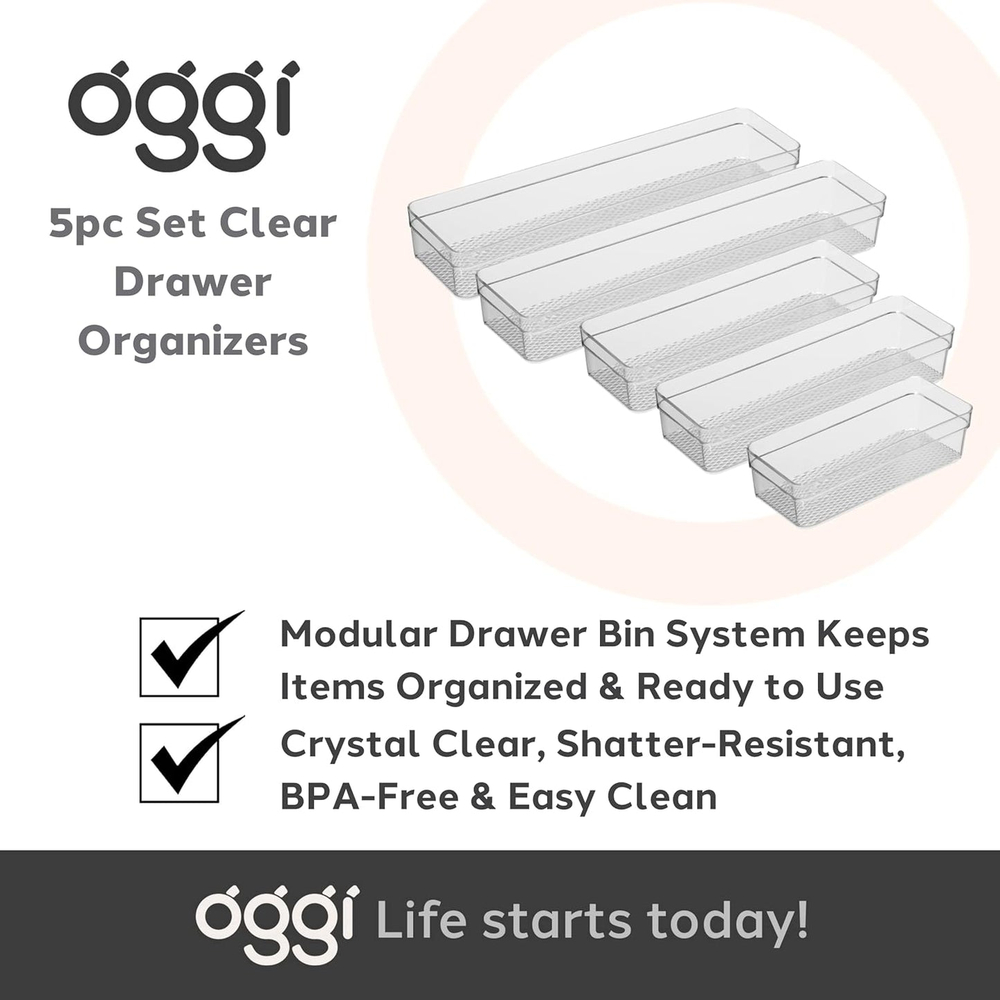 Set of 5 Clear Plastic Drawer Organizers – Assorted Sizes