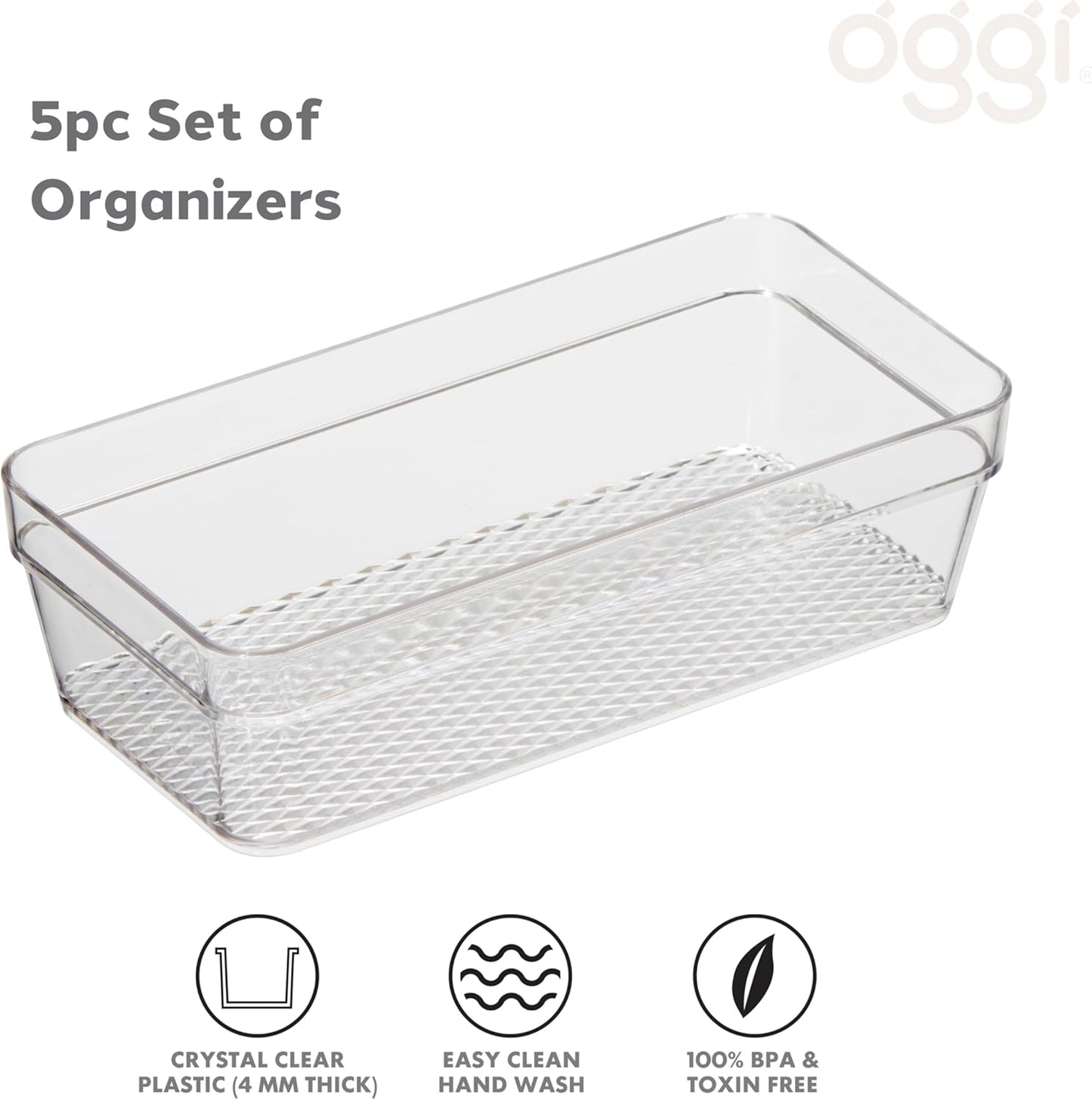 Set of 5 Clear Plastic Drawer Organizers – Assorted Sizes