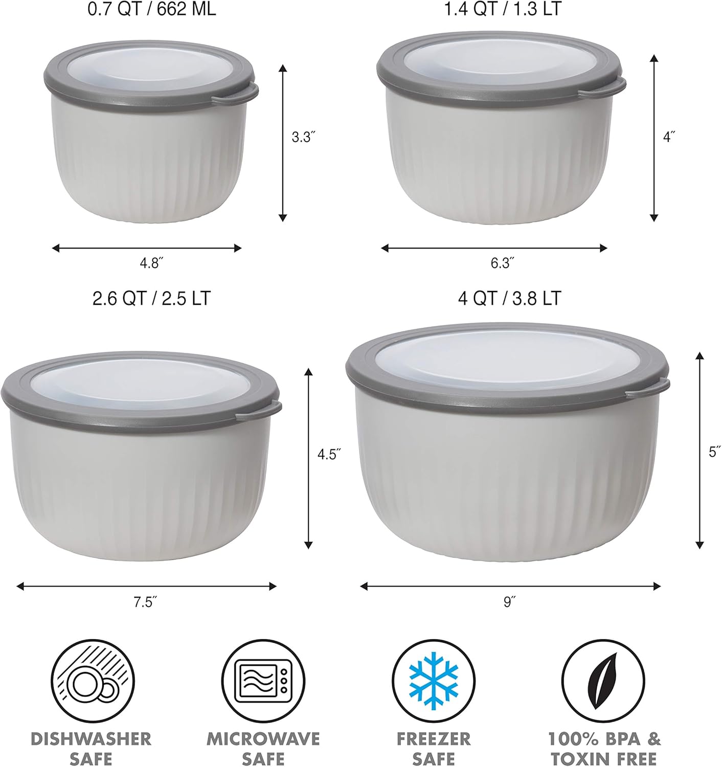 Plastic Food Prep & Storage Bowl with Airtight Lid – 4 Qt, Light Gray