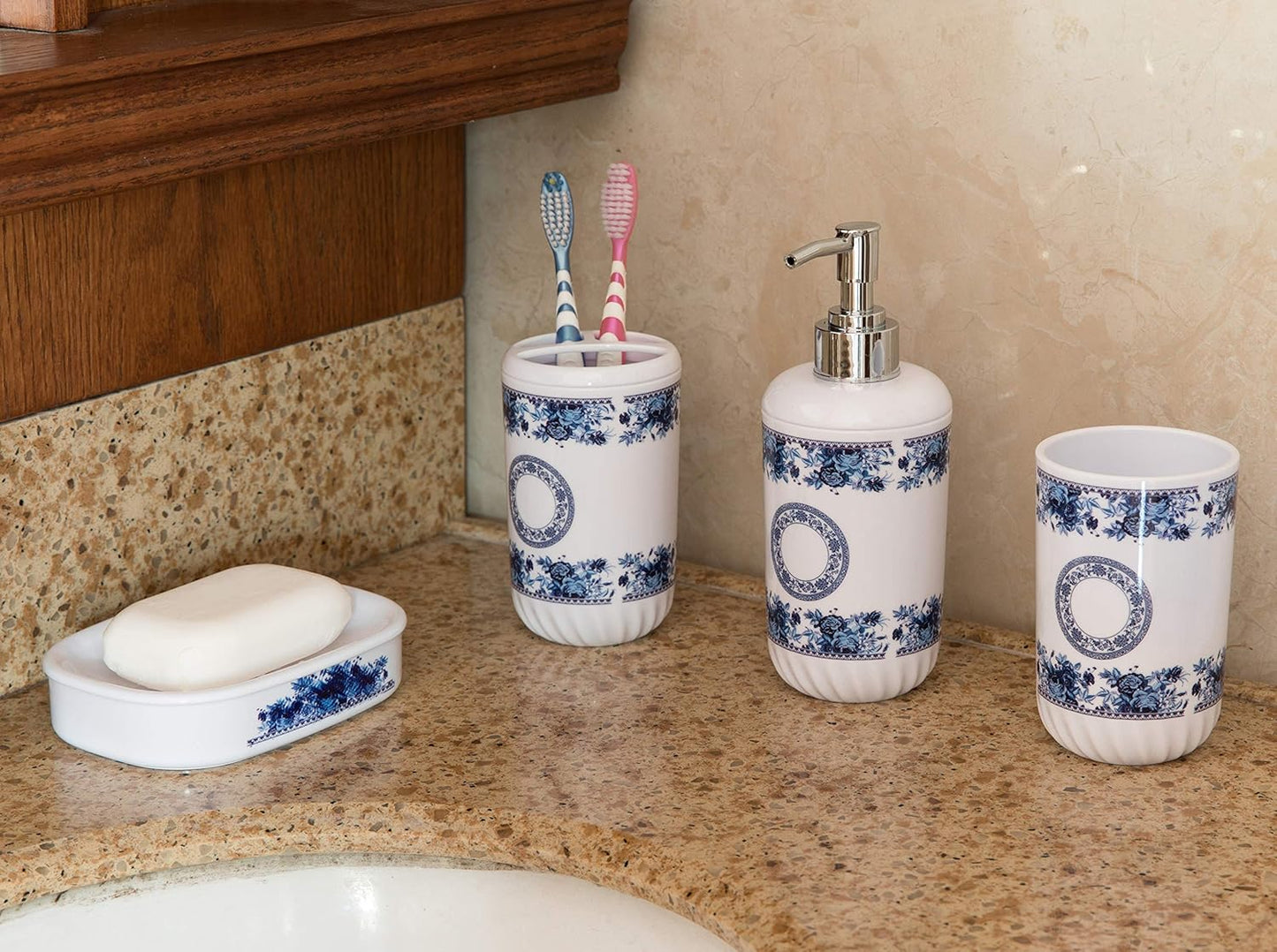 4-Piece Bathroom Accessory Set – Soap Dispenser, Toothbrush Holder, Tumbler & Soap Dish, White