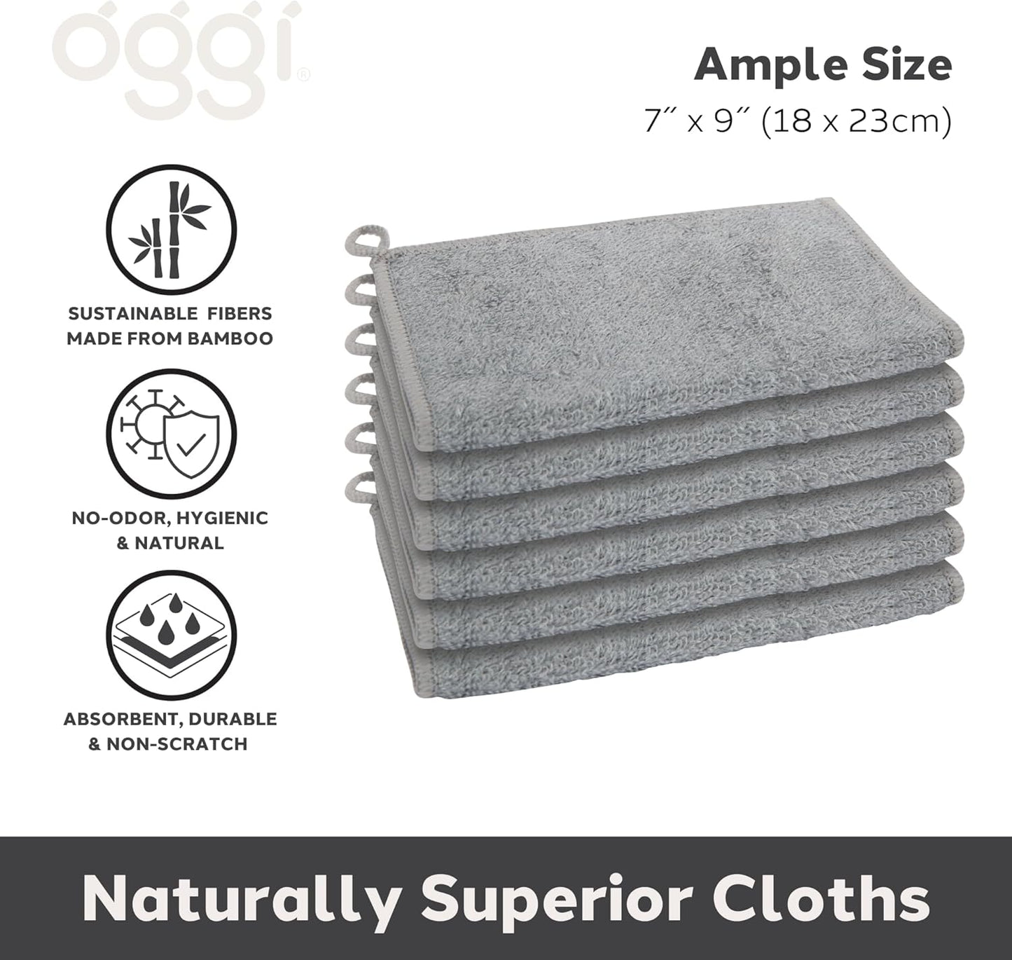 Bamboo Kitchen Washcloths – Odor-Free, Absorbent & Reusable, 6 Pack, Gray