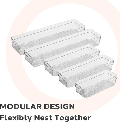 Set of 5 Clear Plastic Drawer Organizers – Assorted Sizes