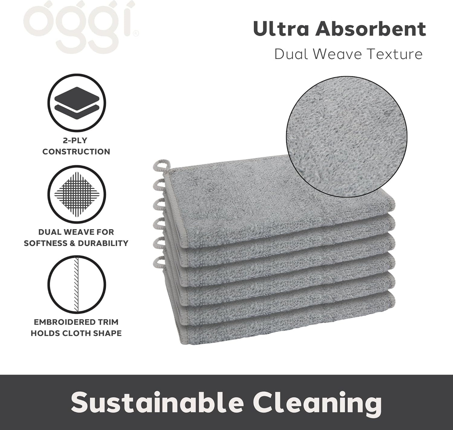 Bamboo Kitchen Washcloths – Odor-Free, Absorbent & Reusable, 6 Pack, Gray