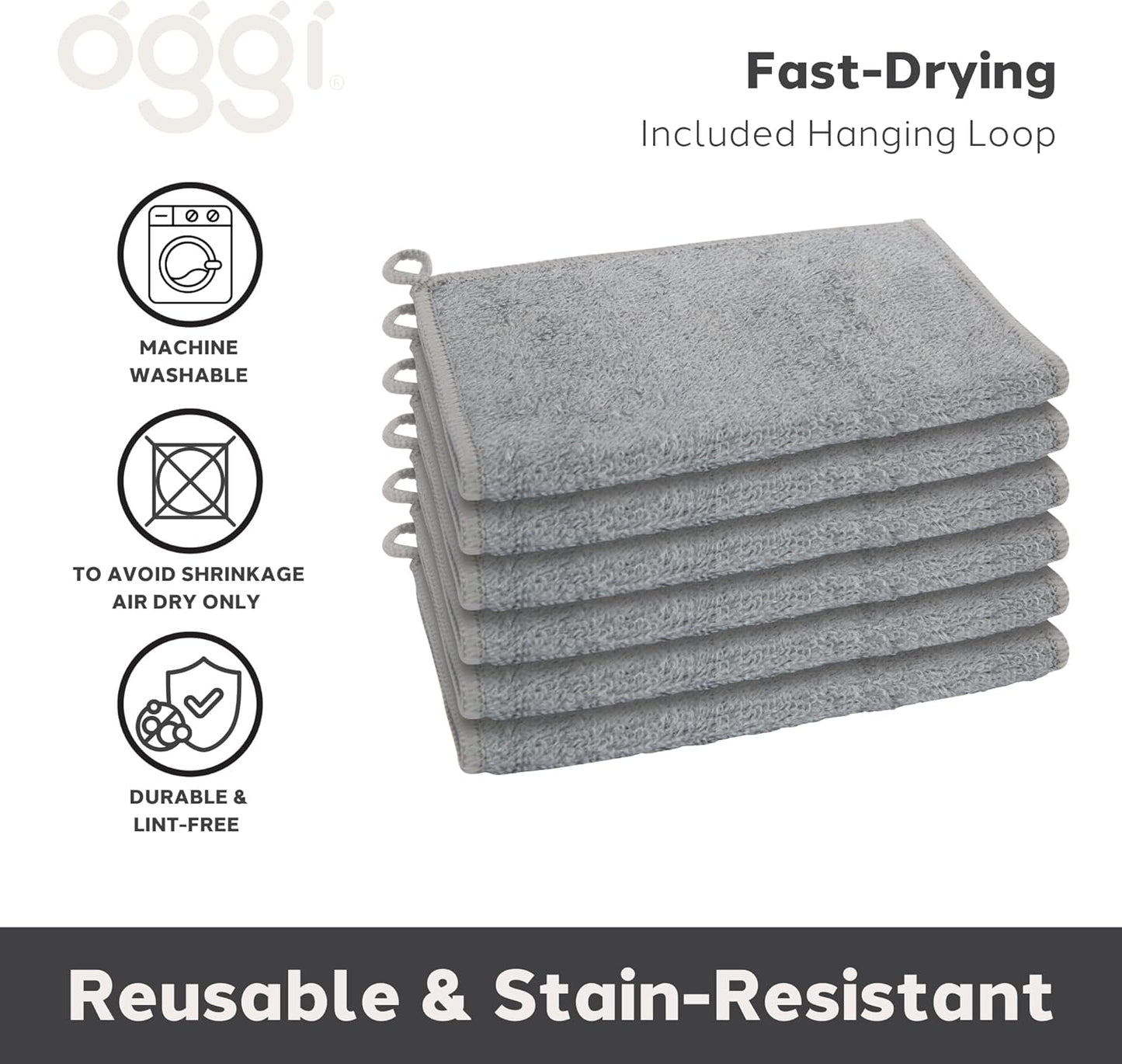 Bamboo Kitchen Washcloths – Odor-Free, Absorbent & Reusable, 6 Pack, Gray