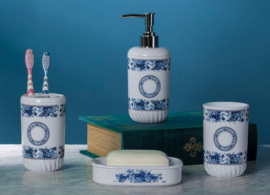4-Piece Bathroom Accessory Set – Soap Dispenser, Toothbrush Holder, Tumbler & Soap Dish, White