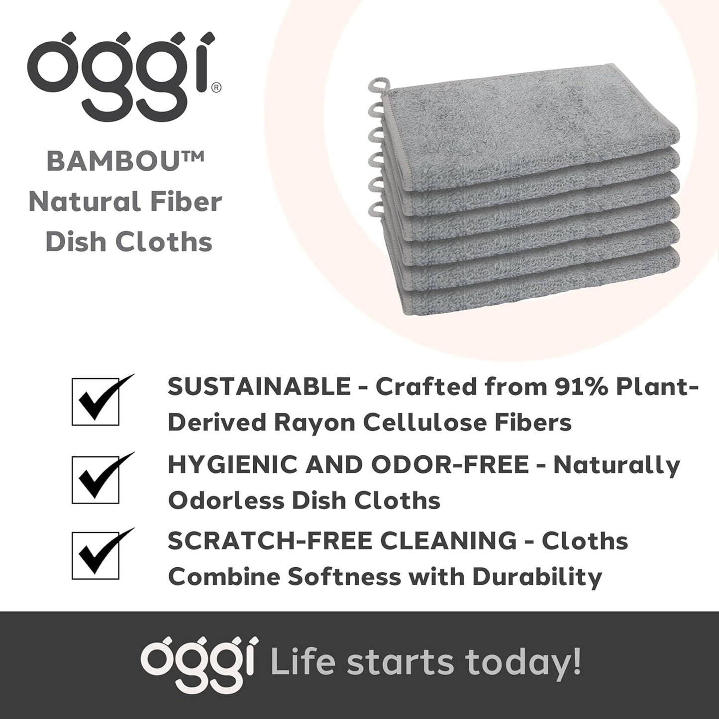 Bamboo Kitchen Washcloths – Odor-Free, Absorbent & Reusable, 6 Pack, Gray