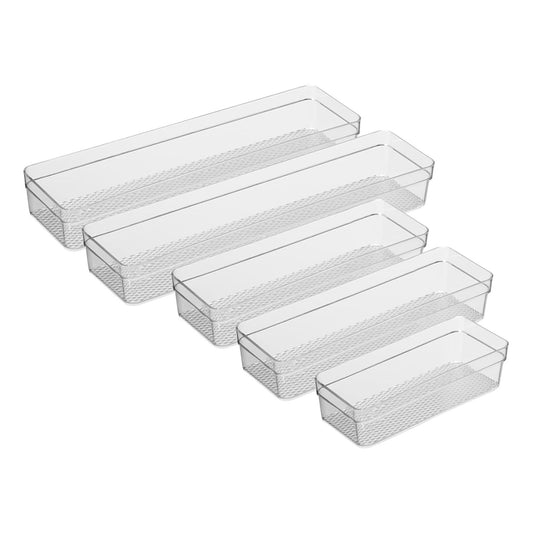 Set of 5 Clear Plastic Drawer Organizers – Assorted Sizes